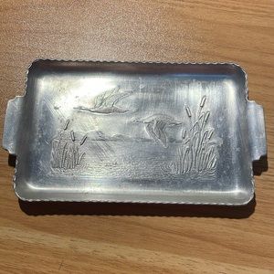 Vintage Stamped Aluminum Geese, Mountains Scene, Coin, Snack Tray, set of two
